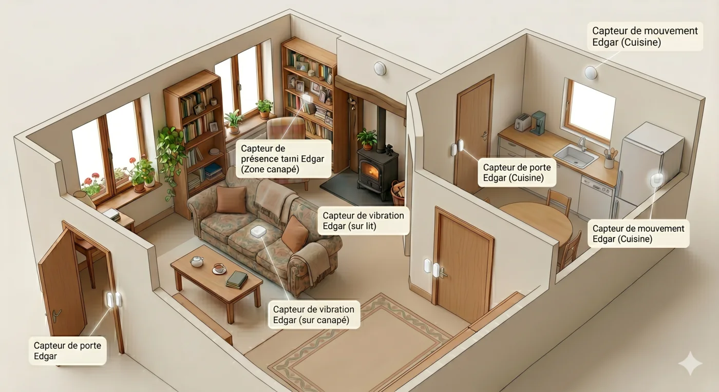 Un schéma d'un logement montrant où se placent les capteurs d'Edgar.